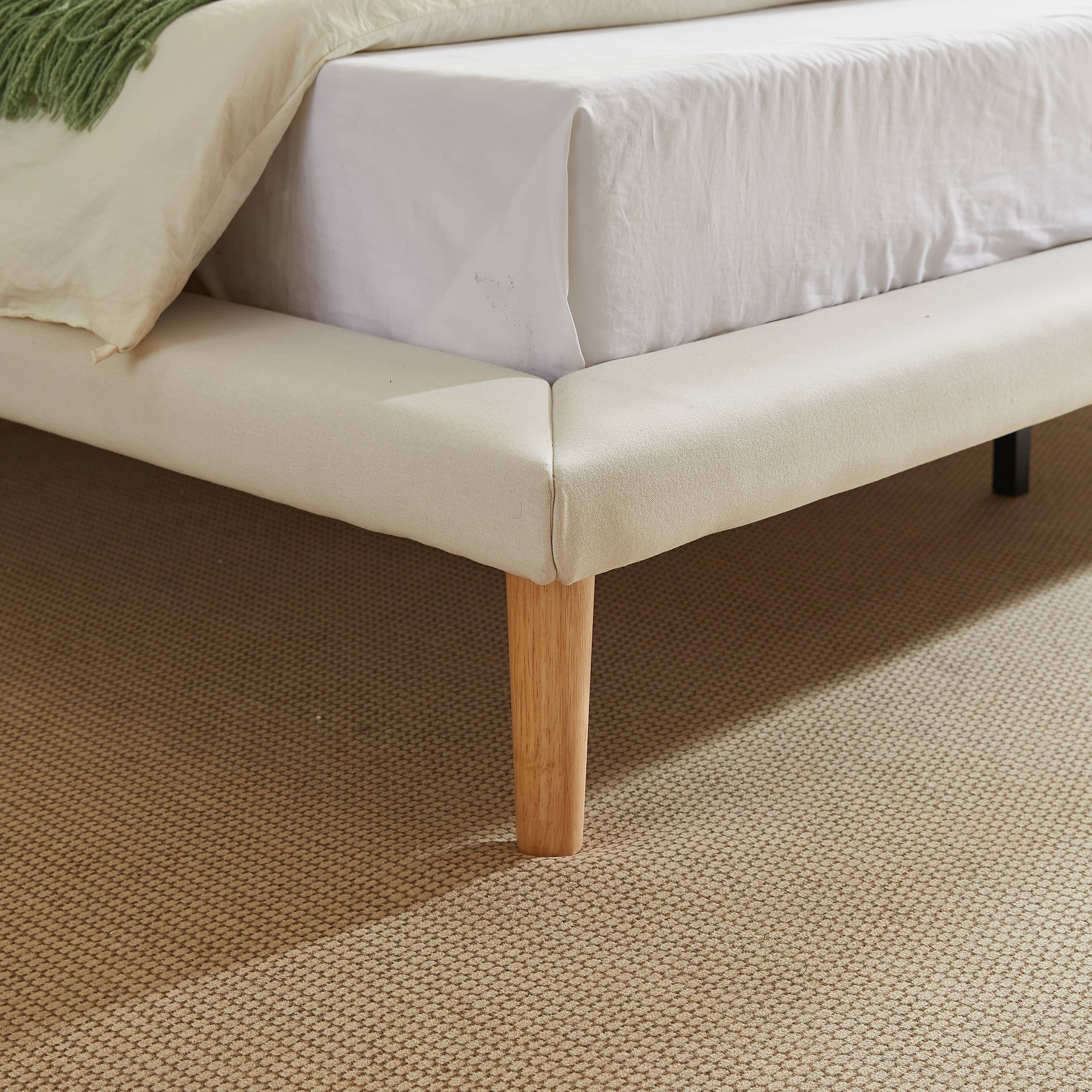 VELOCAVA Queen Size Upholstered Bed with Wood Legs, Wide Padded Headboard, Linen-Look Fabric, Beige