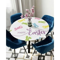 Round Table Cover 45"-54", Waterproof Reusable Table Cloth Round Fitted Vinyl Tablecloth with Elastic Edged for Outdoor Party,Easter Colorful Bunny White Table Cover