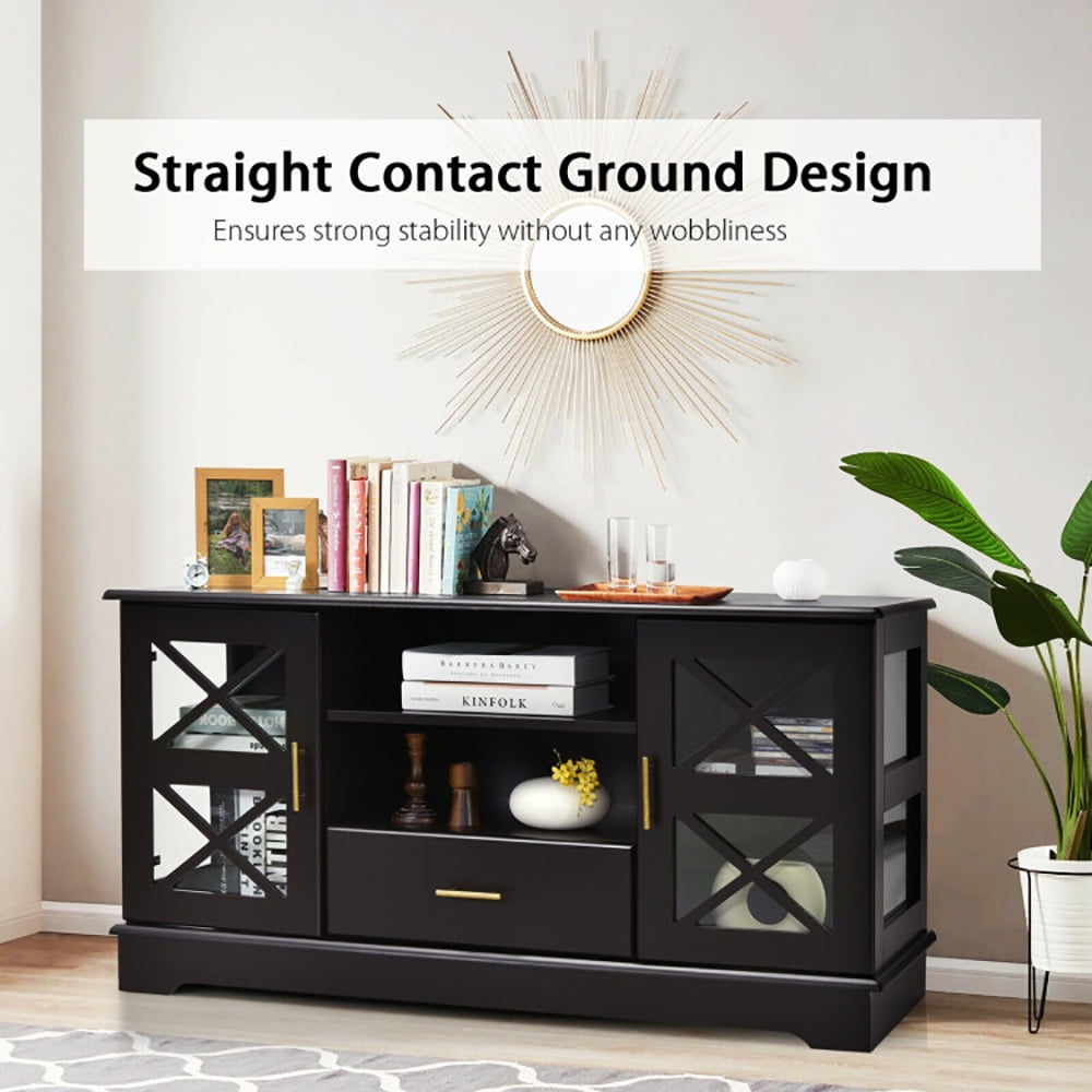 Finihen TV Stand, TV Cabinet, Wood TV Stand with 2 Glass Door Cabinets and 2-Tier Adjustable Shelves, Media Entertainment Center with Storage, for Living Room, Bedroom, Brown