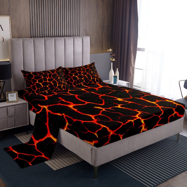 Volcano Lava Bed Sheet 4 Piece,Red Orange Flame 3D Geometric Patchwork Sheets Full Size Bed Set,Volcano Eruption Natural Disaster Bedding Set with Flat,Fitted Sheet,2 Pillow Cases