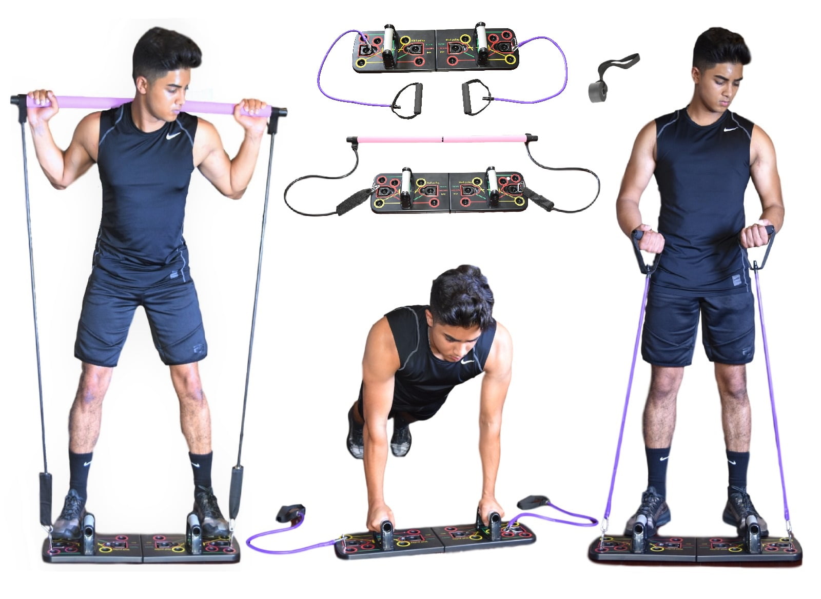 Portable Full Body Workout kit: Exercise bar 3 Non-Slip Adjustable Hip Bands 2 Ankle Strap 2 Handles 2 Door Anchors 7 Stackable Bands for up to 190lbs Resistance 2 Core Disc MONLO GYM IN A BAG 