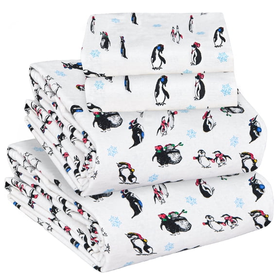 EnvioHome Ensemble de Draps en Flanelle, 100 % Coton – Draps en Flanelle Doux Brossés des Deux Côtés Très Grand - 4 Pcs, Pingouin