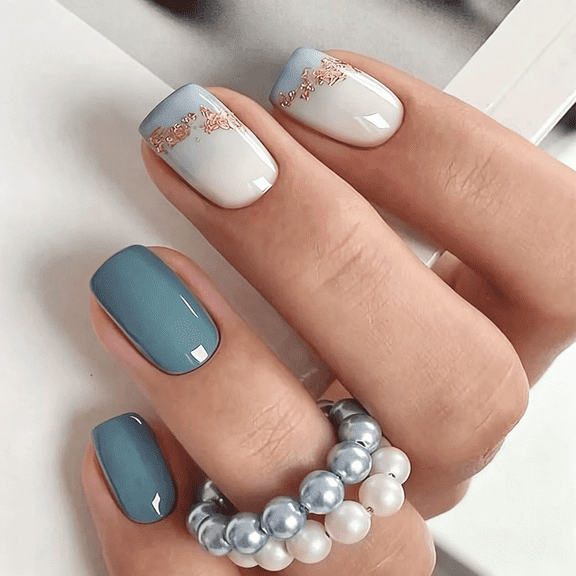 RAGUPEL Gel Nail Stickers Gold Glitter Gradient Blue Semi Cured Gel Nail Strips Wraps Uv/Led Nails Art Design Decoration Accessories