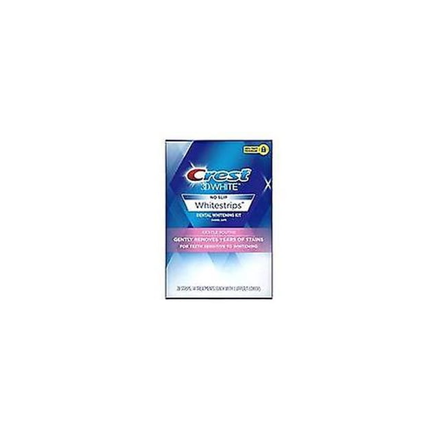 crest 3d white whitestrips tiras suaves de rutina 14 días caja frontal blanca y azul con logotipo Crest, indica 14 días de tratamiento, 28 tiras (14 sobres) y diseñado para dientes sensibles; empaque con degradado azul a morado, pensado para higiene bucal y cuidado dental especializado, uso cinco minutos al día según especificaciones.