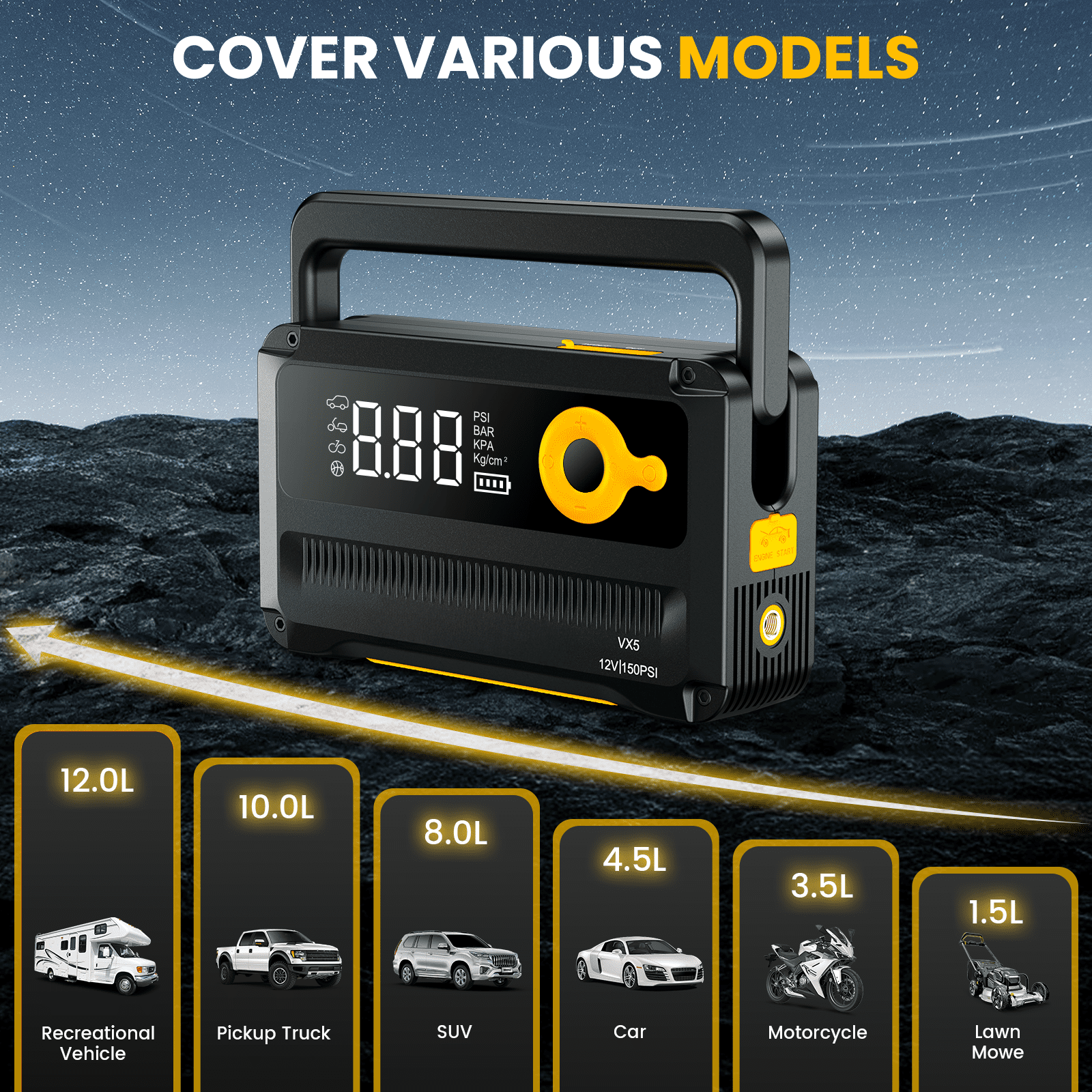 6000A Jump Starter with Air Compressor,Car Battery Jump Starter (for All Gas or up to 12L Diesel),12V Jump Pack with 150PSI Digital Tire Inflator,Built-in LED Bright