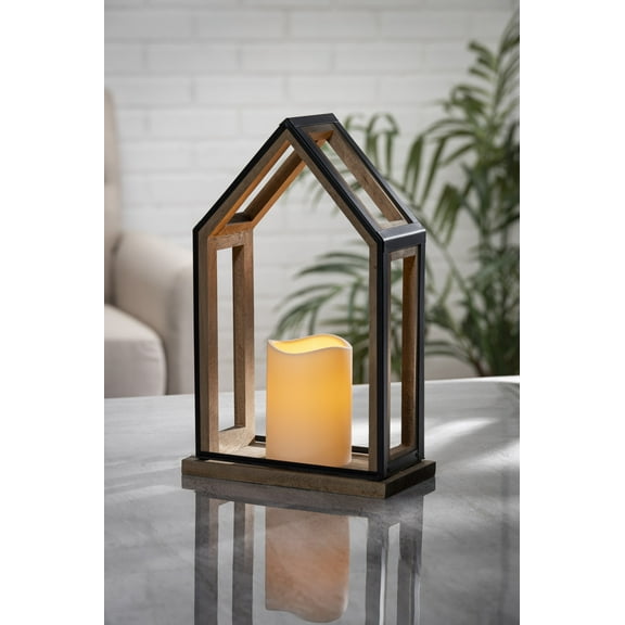 Gerson 12.4 in H Battery Operated Wood Lantern with a 3x4.5 in H Resin LED candle