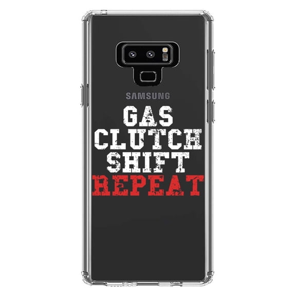 DistinctInk Clear Shockproof Hybrid Case for Samsung Galaxy Note 9 - TPU Bumper Acrylic Back Tempered Glass Screen Protector - Gas Clutch Shift Repeat