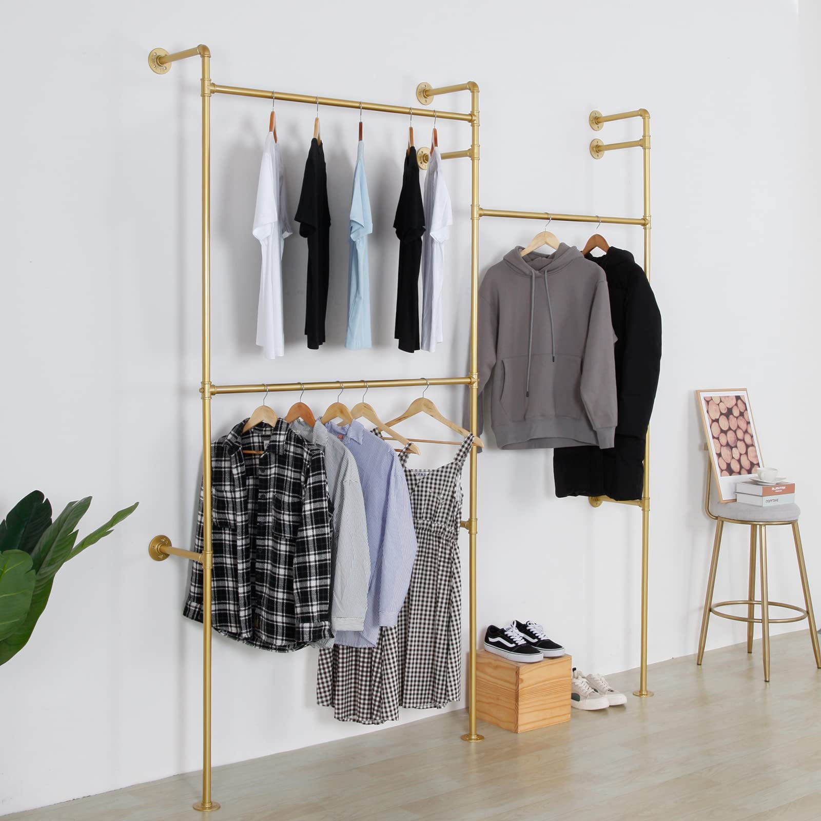 SSS Furniture Industrial Pipe Clothes Rack Wall Mounted Double Rods 93.3X82.7inch Gold Walmart