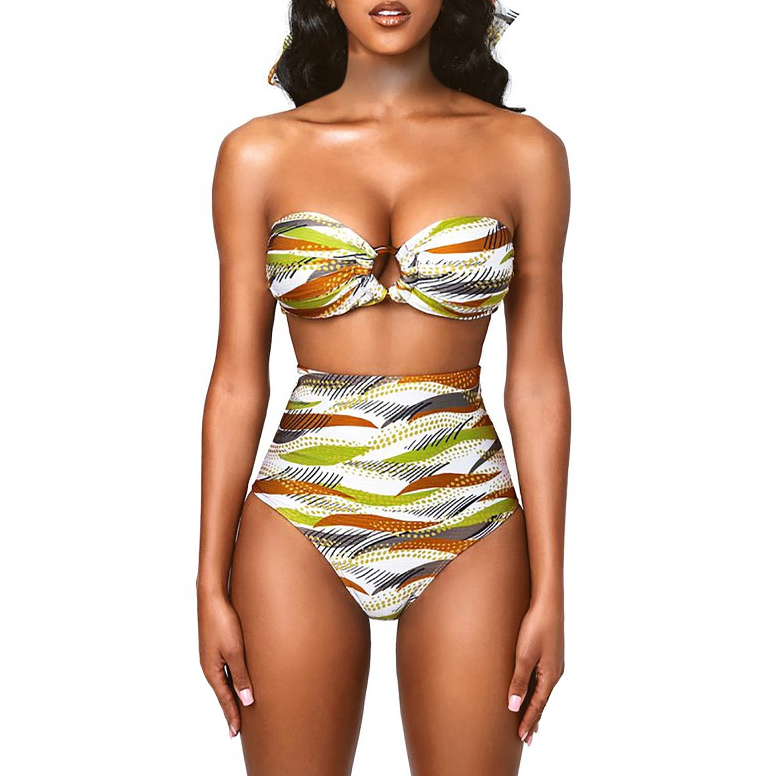 Womens Strappy Hollow Out Floral Print Swimwear Plus Size High Waist Bikini 2 PCS Set 