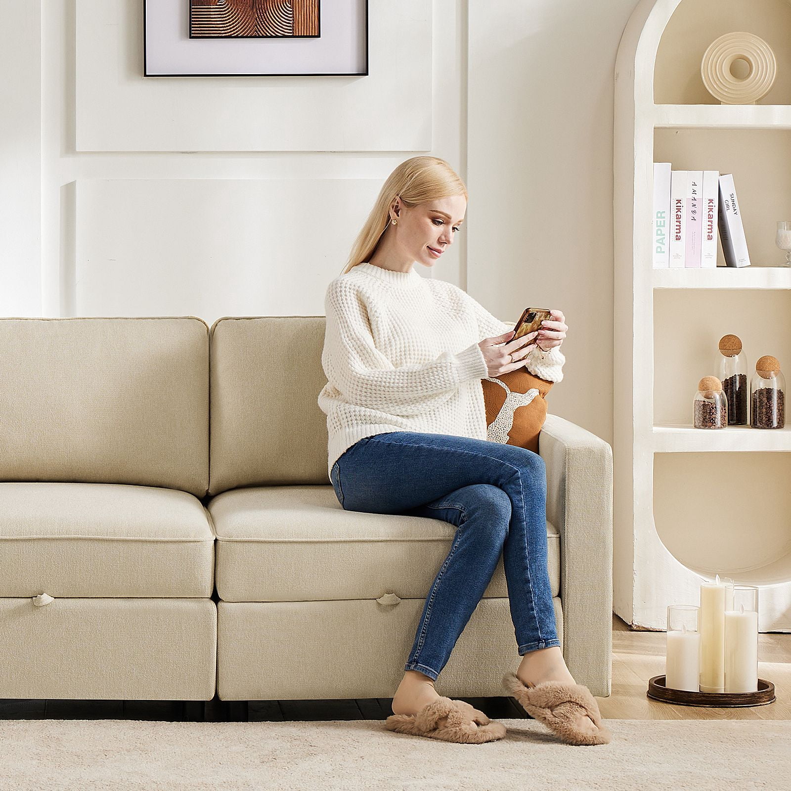 GIANNA 6 Seat Convertible Sectional Sofa Couch, U-Shaped Modern Modular Sofa Sleeper with Ottoman, For Living Room, Beige