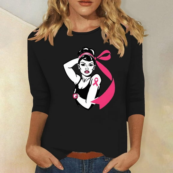 Alkepwun Breast Cancer Shirt Women October Cancer Fighter Tshirt Women's Strength Warrior Graphic Tees 3/4 Sleeve Tops