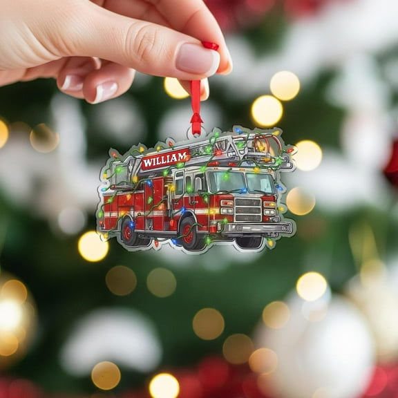 Personalized Fire Truck Acrylic Christmas Ornament Custom Name Firefighter Engine Holiday Tree Decor, Service Hero Appreciation Keepsake