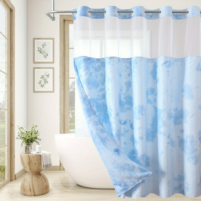 Estbridge Hookless Shower Curtain Washable Set with Snap Liner Waffle Theme Home Decor Hotel Shower Curtain and Liner Set Watercolor See-Through Shower Curtain with Window Double Laye