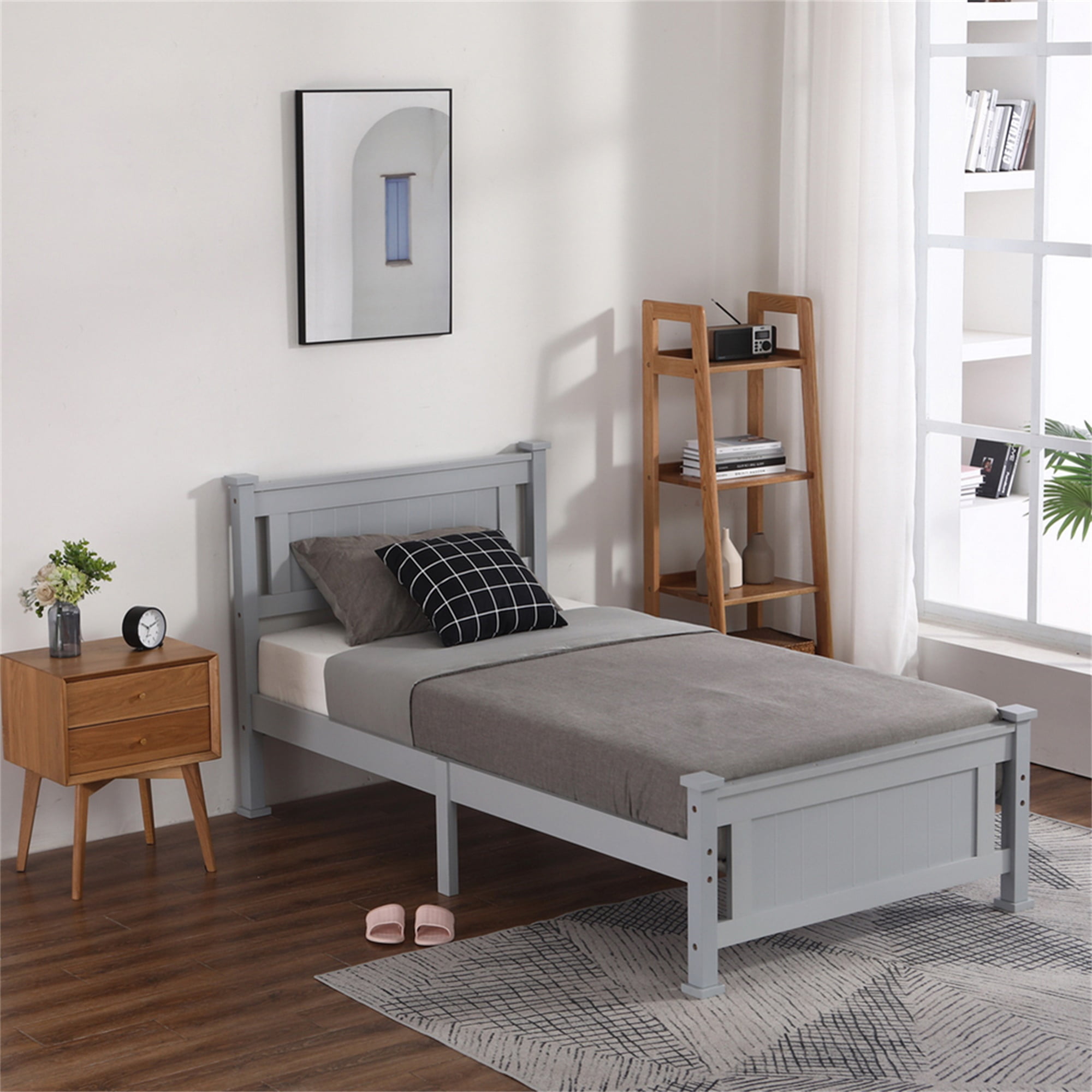 Kadyn Twin Bed Frame, Single Core Full Panel Headboard, Twin Decorative Bed, Gray, No Springs Required, Same End Gray Single Solid Pine Bed
