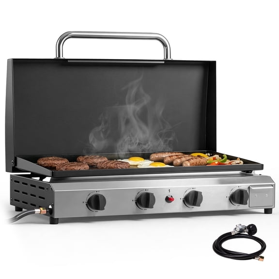 Ktaxon 4 Burner Propane Griddle Flat Top Gas Grill 40000 BTU with Lid,Ceramic Coated Cast Iron Pan,Portable