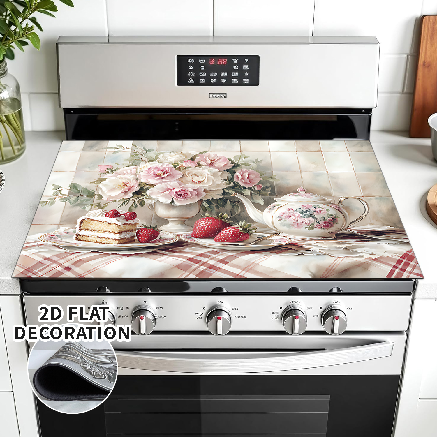 Kitchen Stove Top Cover Retro Floral & Strawberry  Design Gas Stove Top Cover for Home Decoration Kitchen Pad Non-Stick Washable Cooktop Covers Countertop Protector Keep Stove Clean Mat
