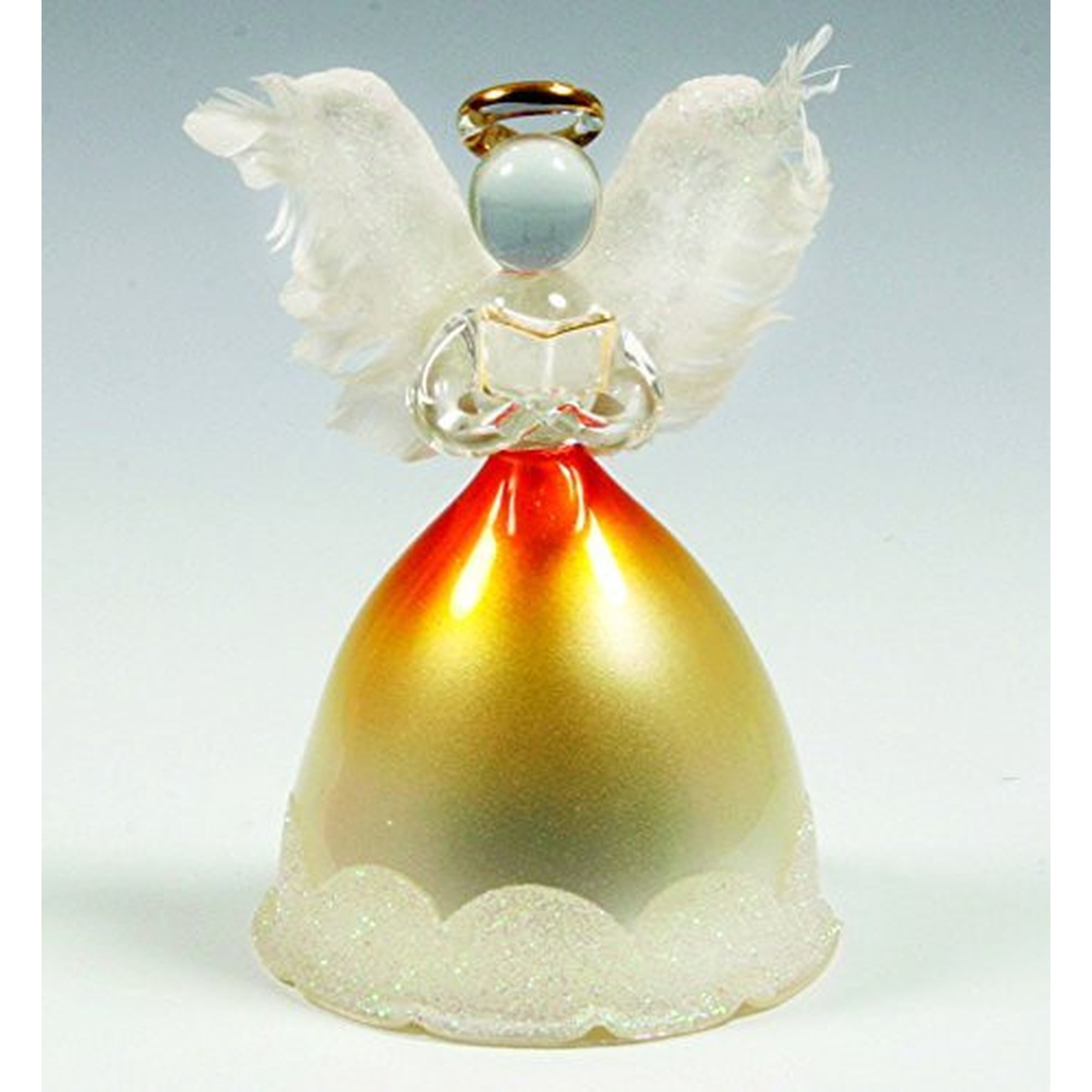 Lighted Angel Figurines - LED Glass Angel Statue with Real Feather Wings and Holding a Hymnal Book - Christmas Angels