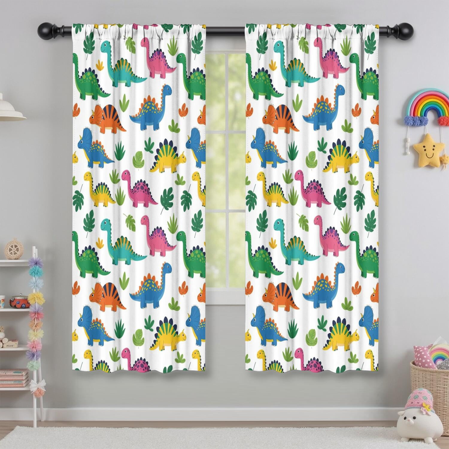 Blackout Kids Curtains,Vivid Colored Dinosaur and Leaf Pattern Childrens Insulated Curtains Set Of 2,Bedroom Essentials,Toddler Room Decor 42"x63"