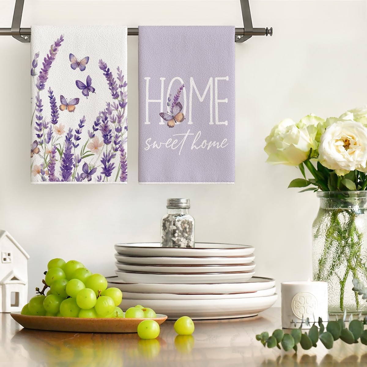 Butterfly Lavender Sweet Home Spring Kitchen Towels Dish Towels, 18x26 Inch Farmhouse Summer Decoration Cleaning Set of 4