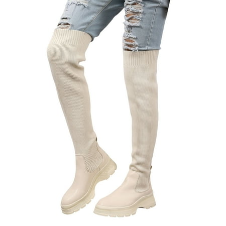 GHSOHS Cowboy Boots for Women Extra Wide Calf Cowboy Boots for Women British Leather Elastic Fabric Panel Wide Calf Thick Bottom Long Sleeve Over Knee Boots Rain Boots Dress Shoes Combat Boot Size 40