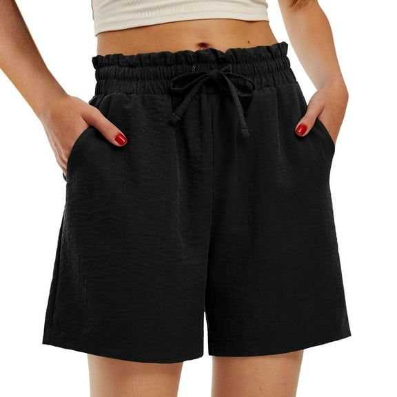 FrzhBrz Women Shorts Casual Loose Cotton Linen Elastic Waist Solid Pull-On Summer Walkshorts Clothes Short