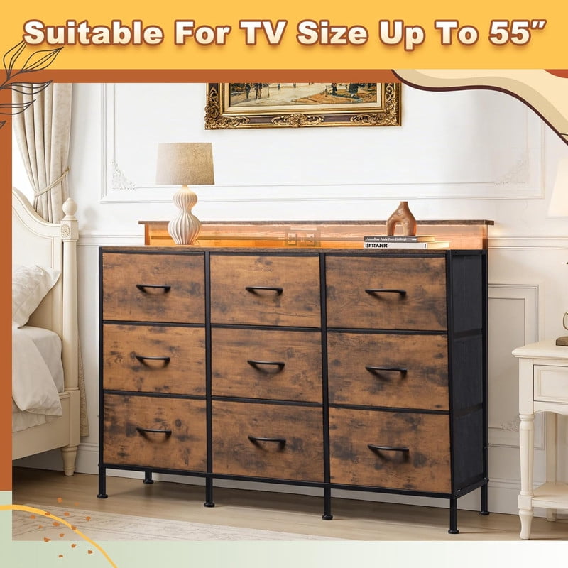 Simenmax TV Stand with 9 Fabric Drawers, Entertainment Center with LED Lights & Charging Station, Media Console for 45-55 inch TV, Brown
