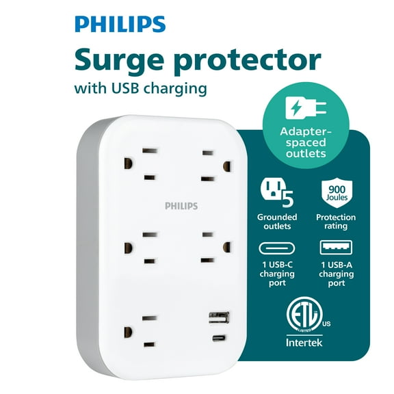 Philips 5 Outlet Surge Tap, Adapter Spaced, 1 USB-A, 1 USB-C, 17W, 900J, White