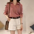 thumbnail image 2 of Women's Butterfly Short Sleeves Striped Print V Collar Cotton Shirts Casual Blouses, 2 of 9