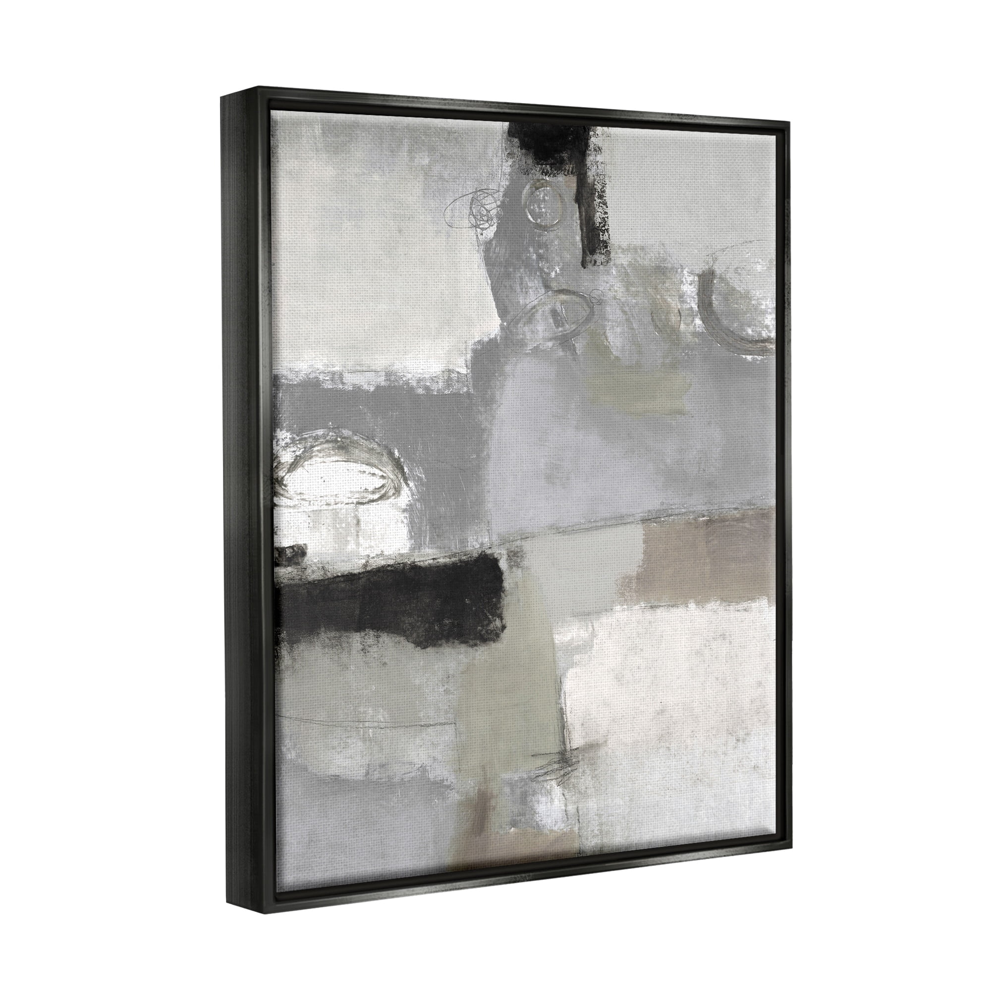 Stupell Industries Blocked Geometric Shapes Black Detail Circles Painting Jet Black Floating Framed Canvas Print Wall Art, Design by Lisa Ridgers