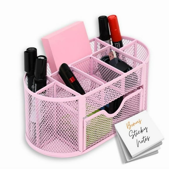 Maypes Modern Minimalist 9-Compartment Pink Desk Organizer - Pen Holder with Drawer Tray - Office Supplies Organizer