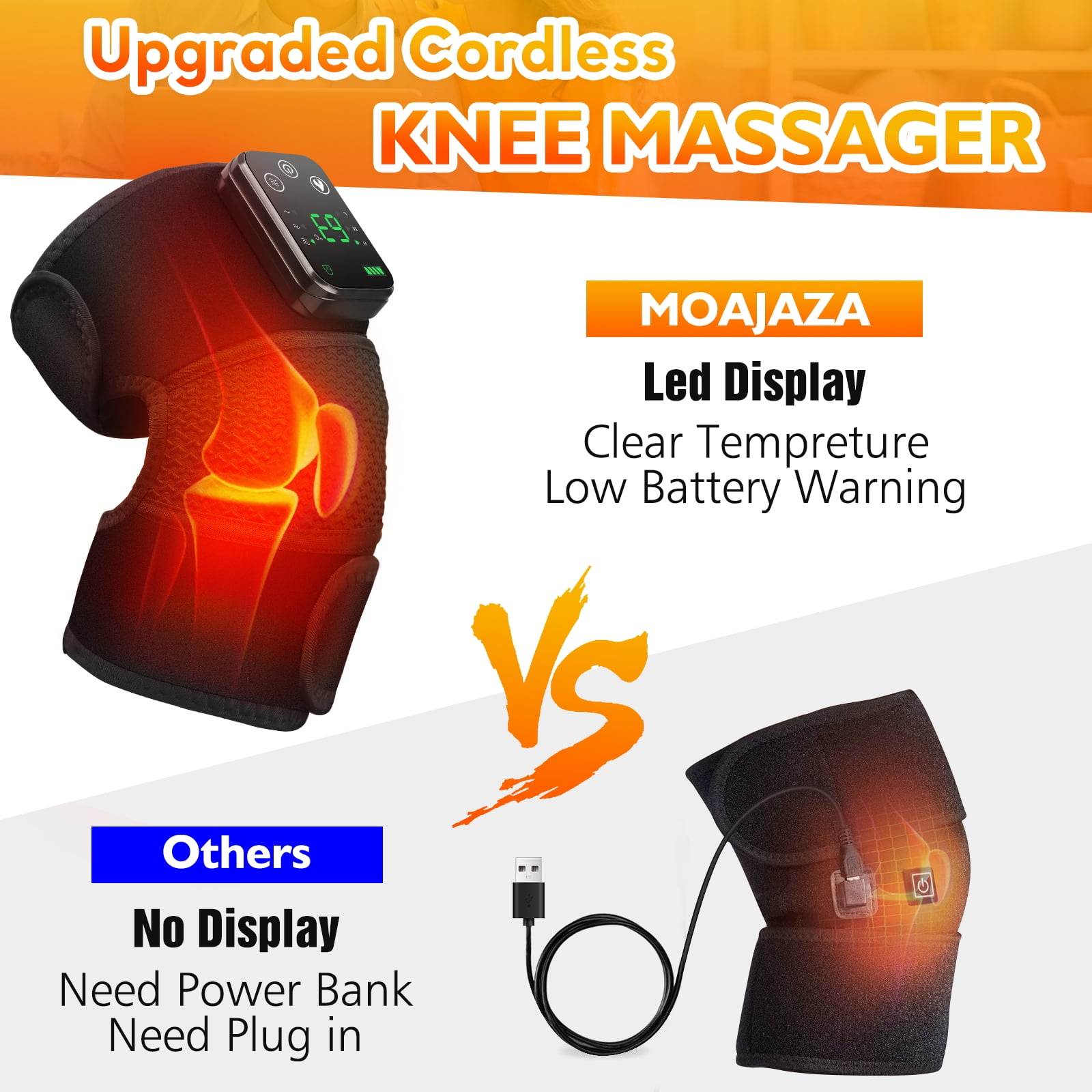 2PCS Heated Knee Massager, Cordless Heated Knee Brace Wrap with Massager for Knee, Knee Shoulder Elbow 3-in-1 Heating Vibration Massager, 3 Adjustable Heat and 3 Intensities, Black