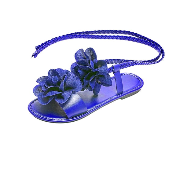 Wensltd Women Shoes Spring Summer Open Toe Sandals with Lace up and Flower Detail Flat Comfort Shoes for Casual Outings Blue