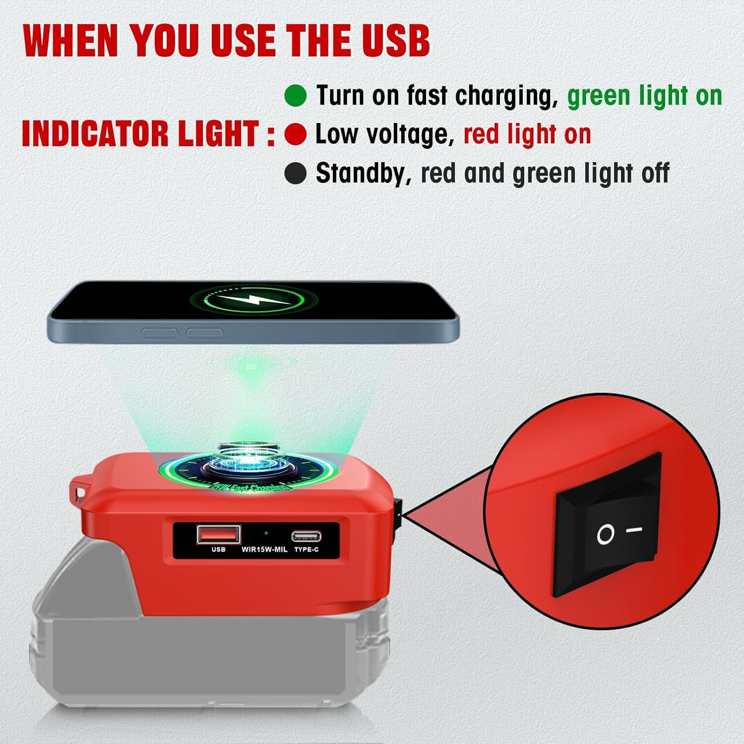 Wireless Charger Adapter,for  Ein*hell 18V Battery,15W Max Wireless Charging Adapter for iPhone for Cell Phone,with USB-A&USB-C 2.1A Fast Charge Ports,Wireless Chargers Using Tool Battery