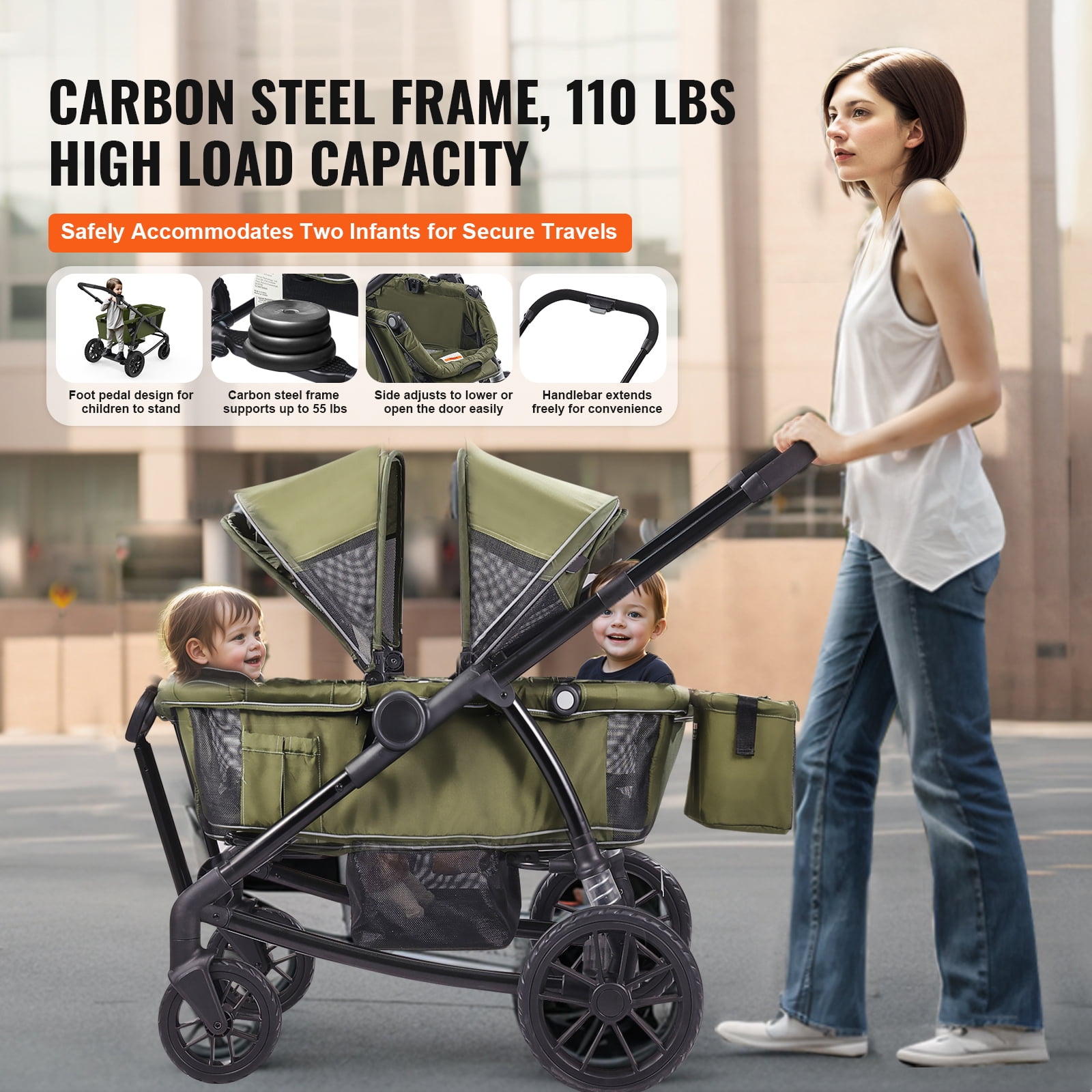 KFFKFF Off-Road Wagon-Stroller Hybrid, Dual-Seating, Easily Foldable for Travel, Comes with Shade Cover, Storage for Essentials, Beverage & Snack Tray, 55lbs Capacity per Seat, in Olive Green