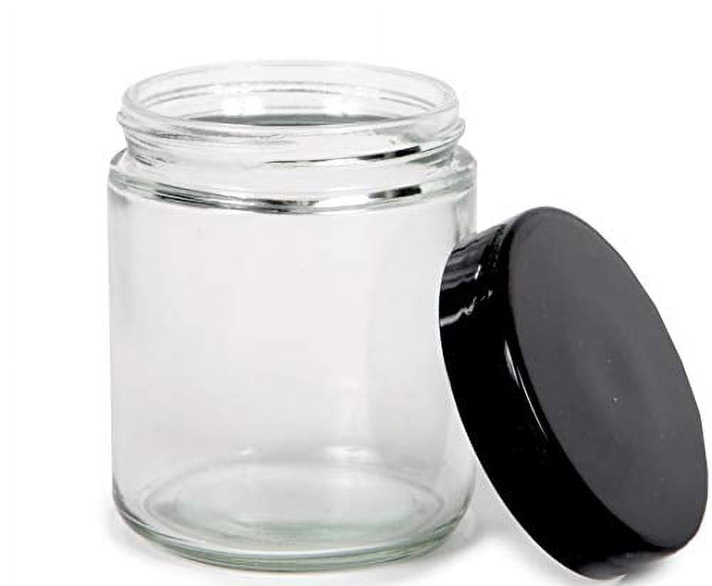 Vivaplex, Clear, 8 ounce, Round Glass Jars, with Black Lids - 8 pack