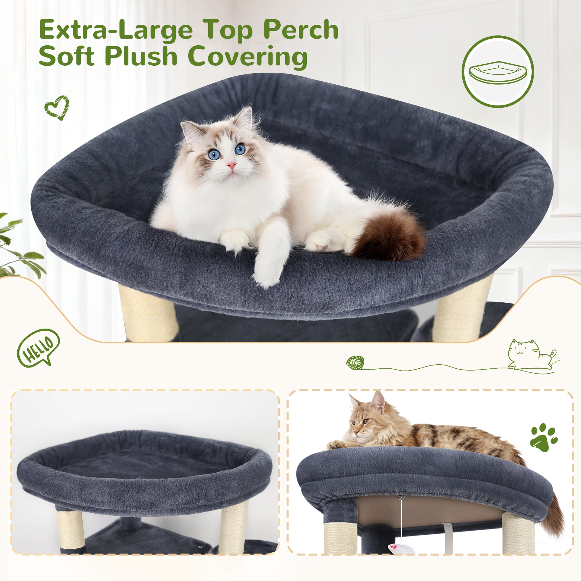 Globlazer 68" XL Corner Large Cat Tree Tower Condo with 6 Sisal Scratching Posts, 2 Condos, Hammock & Hanging Basket, Dark Gray