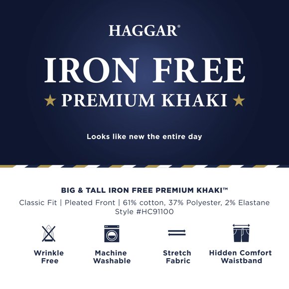 Haggar Men's B&T Iron Free Premium Khaki Classic Fit Pleat Front Expandable Waist Pant