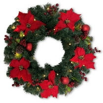 Flexible Flyer 24” Pre-lit Christmas Wreath for Front Door. Outdoor Battery-Operated Evergreen, Poinsettia