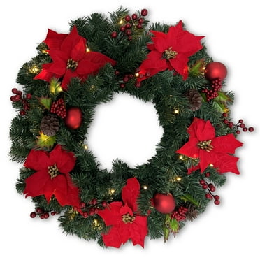 Flexible Flyer 24” Pre-lit Christmas Wreath for Front Door. Outdoor Battery-Operated Evergreen, Poinsettia