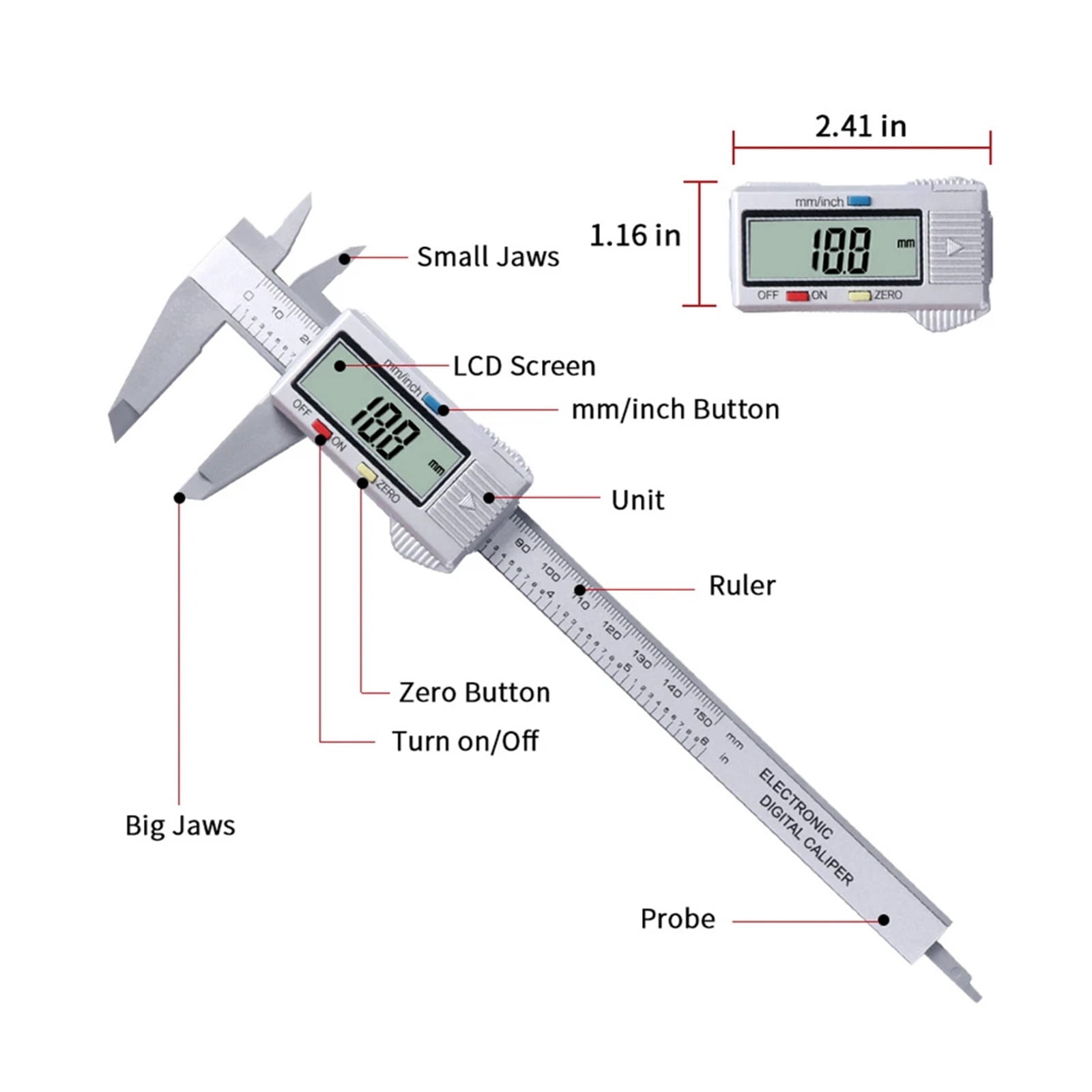 150mm/6Inch Digital Caliper Electronic Carbon Fiber Micrometer With Large LCD Screen Pachymeter For DIY/Household Measuring Tool ,Easy to Operate