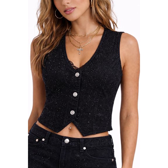 Forever 21 WGA Stretch Denim Vest With Rhinestone Front, Color-Black, Size-S