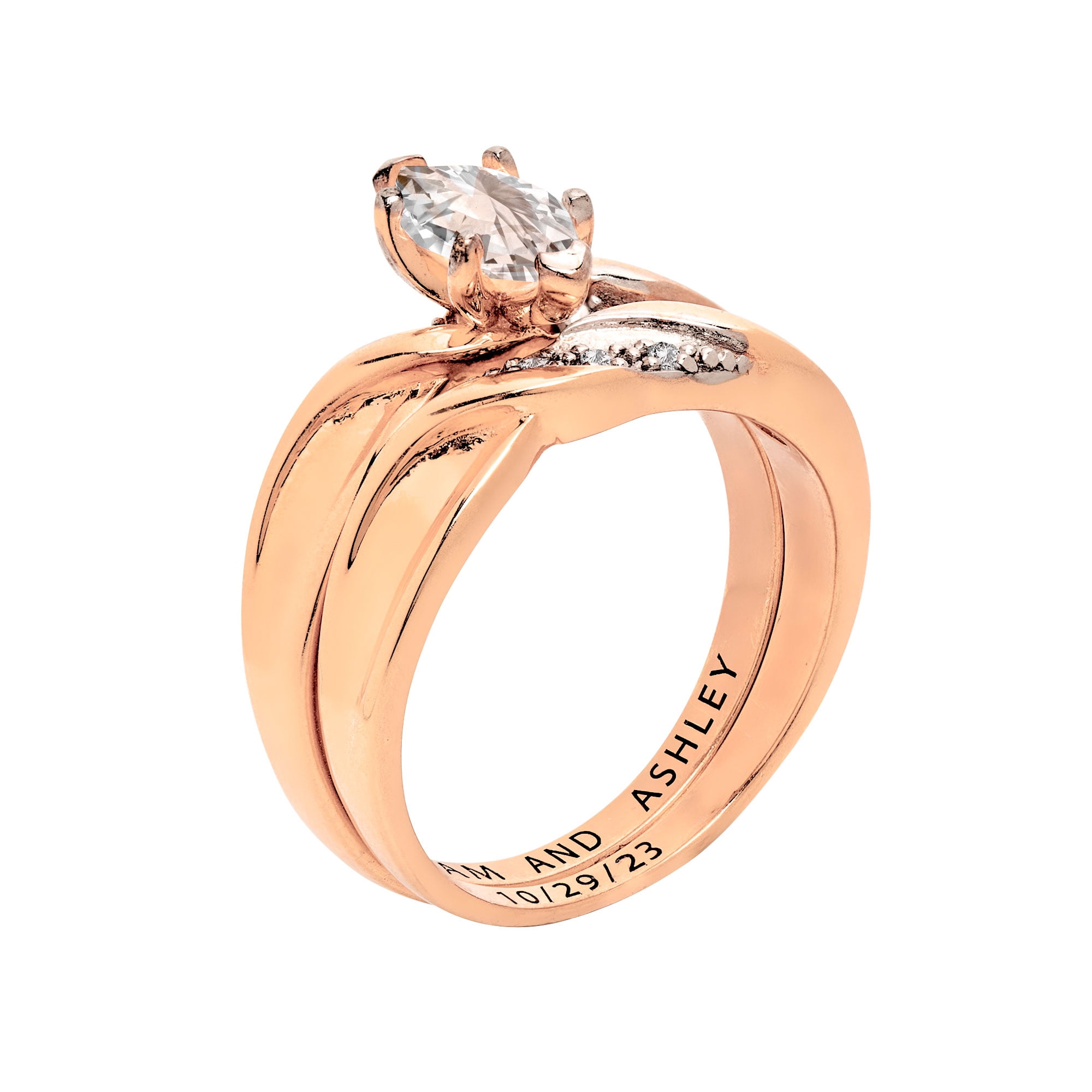 Personalized Planet Bridal 14K Rose Gold over Sterling Silver Marquise White Topaz Diamond Accent 2-Piece Engraved Wedding Ring Set