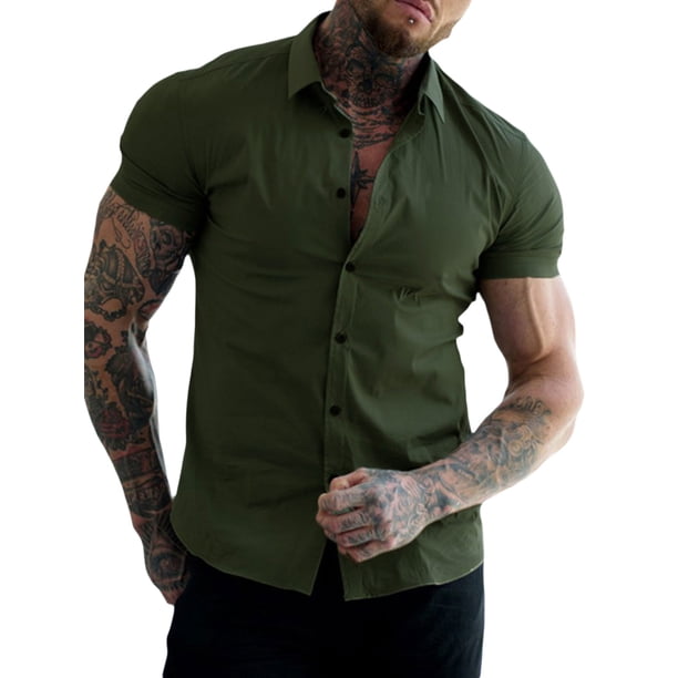 Sunloudy Camisa casual para hombre, color sólido, manga corta, cuello de solapa, ajuste delgado, tops de ocio con botones Sunloudy moda
