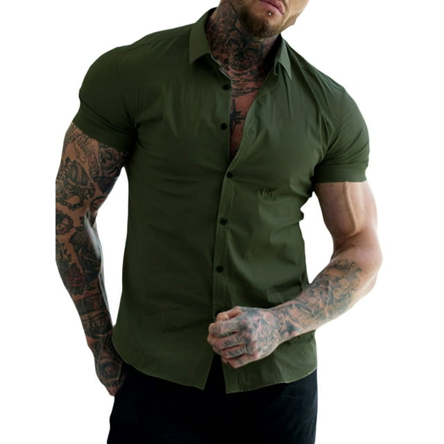 xiaxaixu Men Casual Shirt, Solid Color Short Sleeve Lapel Neck Slim Fit Button-Down Leisure Tops