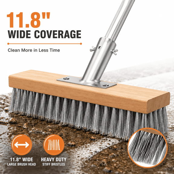 Heavy Duty Deck Brush with Long Handle, Stiff Bristle Floor Scrub Brush, Outdoor & Indoor Cleaning Brush for Patio, Garage, Bathroom and Kitchen