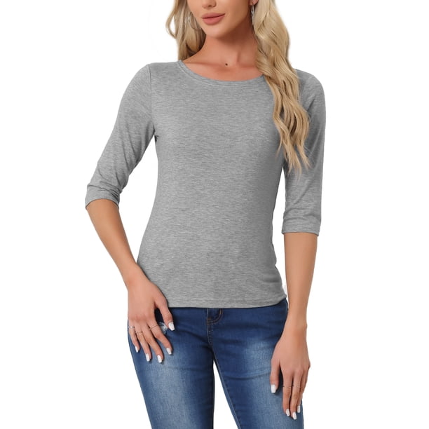 INSPIRE CHIC Camisetas de Mujer de Manga Corta Cuello Barco Ajustadas Casual Color Gris Claro S