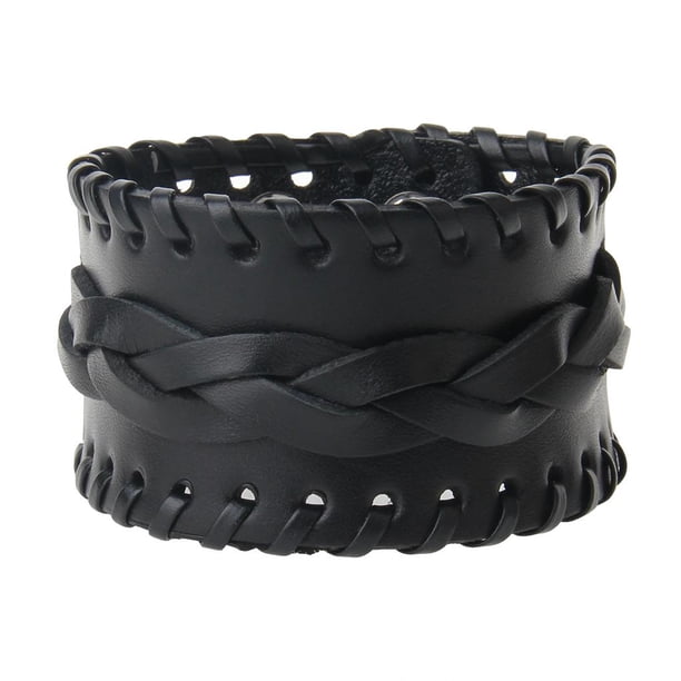 Brazalete ancho de cuero PU estilo punk rock para hombre, pulsera ajustable Negro