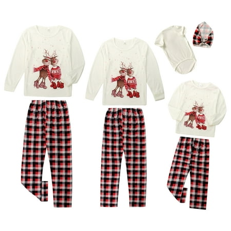 

CIYCuIT Family Matching Christmas Pajamas Set Cartoon Elk Plaid Print Long Sleeve Tops + Pants 2PCS Holiday Sleepwear Nightwear Bodysuits Loungewear for Dad Mom Kids Baby Pet
