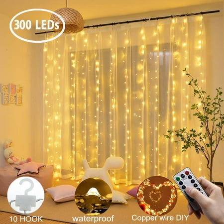 TSV Curtain String Lights,300LEDs 9.8x9.8Ft,USB Powered Fairy Lights,IP67 Waterproof & 8 Modes Twinkle Christmas Lights for Trees Bedroom Wedding Holiday Wall