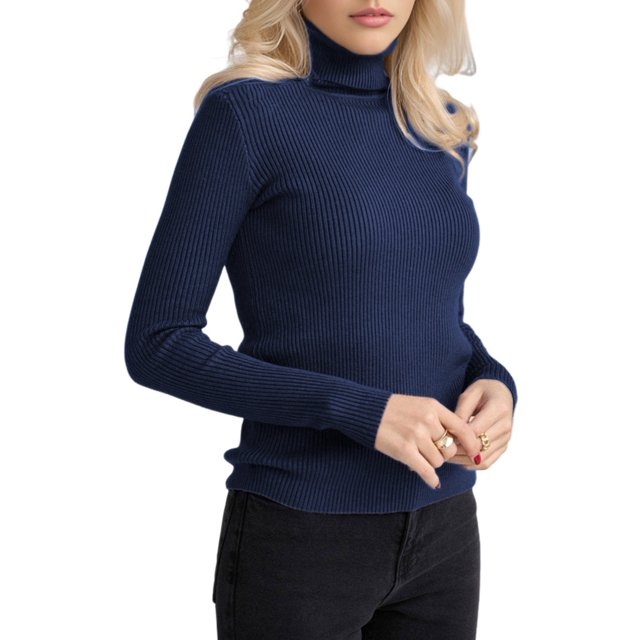Suéteres Acanalados para Mujer, Lindos Suéteres de Punto de Cuello Alto, Ajustados y Cálidos Azul Real un Tamaño